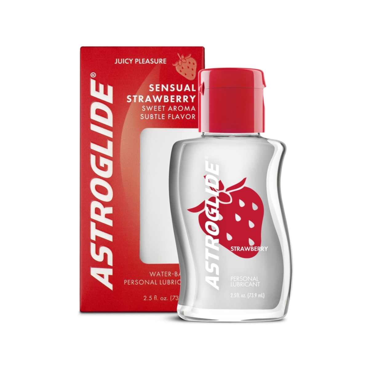 Strawberry Liquid 2.5 fl (4).jpg	Astroglide Sensual Strawberry Personal Lubricant bottle shown next to its red retail box.
