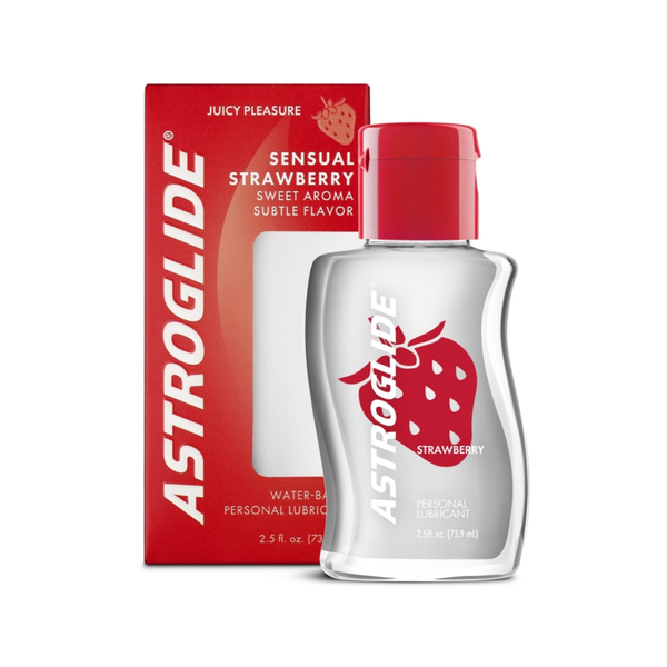 Strawberry Liquid 2.5 fl (4).jpg	Astroglide Sensual Strawberry Personal Lubricant bottle shown next to its red retail box.