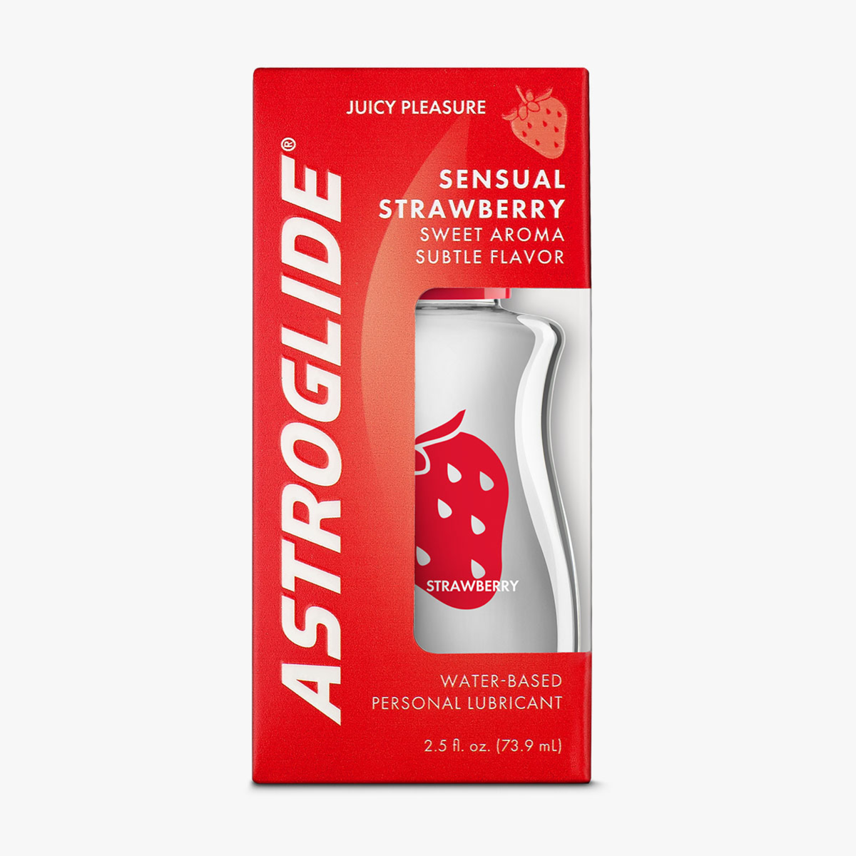 The red retail box packaging for Astroglide Sensual Strawberry Water-Based Personal Lubricant, 2.5 fl. oz.