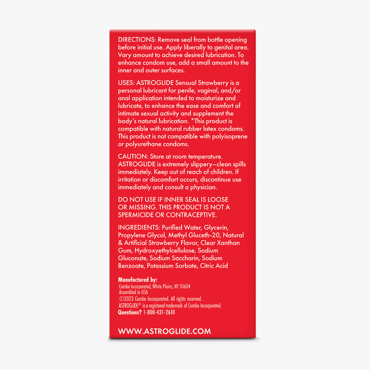 The back of the Astroglide Sensual Strawberry Liquid packaging, listing directions, uses, caution, and ingredients.