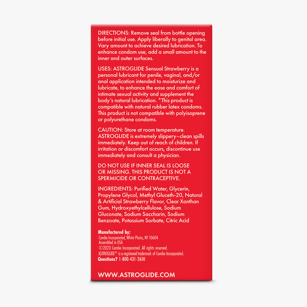 The back of the Astroglide Sensual Strawberry Liquid packaging, listing directions, uses, caution, and ingredients.