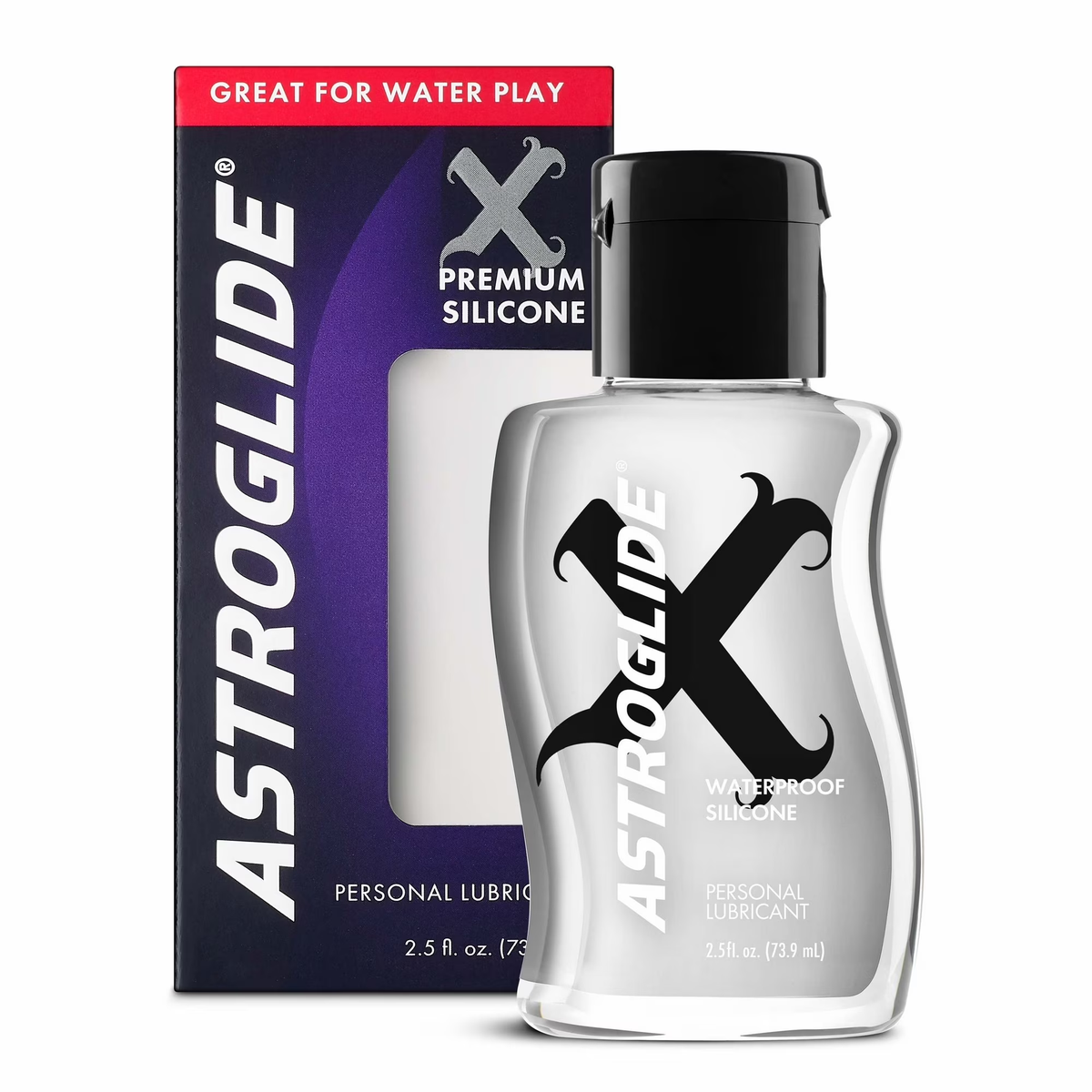 The Astroglide X Premium Silicone Liquid bottle next to its purple retail box packaging. Main image
