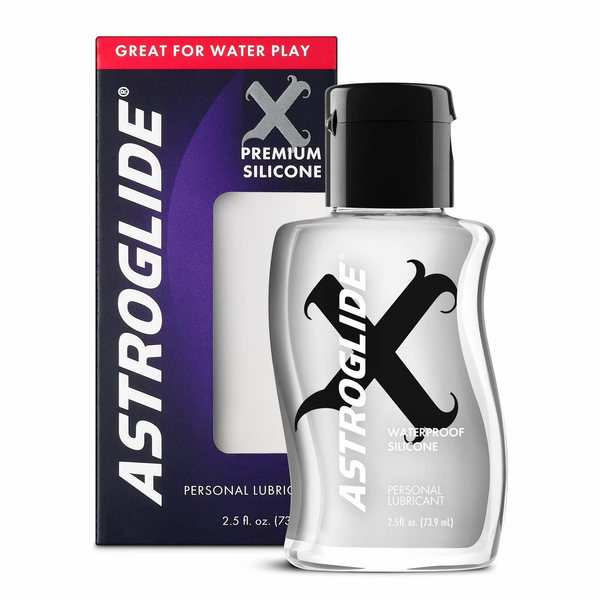 The Astroglide X Premium Silicone Liquid bottle next to its purple retail box packaging.
