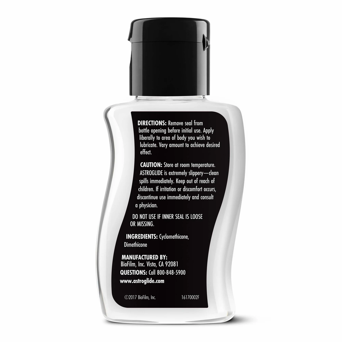 The back of the Astroglide X Premium Silicone Liquid bottle, listing directions, caution, and ingredients: Cyclomethicone, Dimethicone.