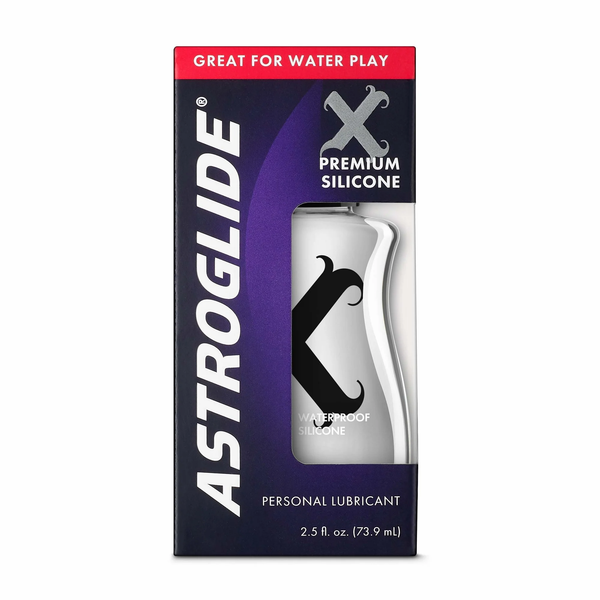 The purple retail box packaging for Astroglide X Premium Silicone Personal Lubricant, 2.5 fl. oz.