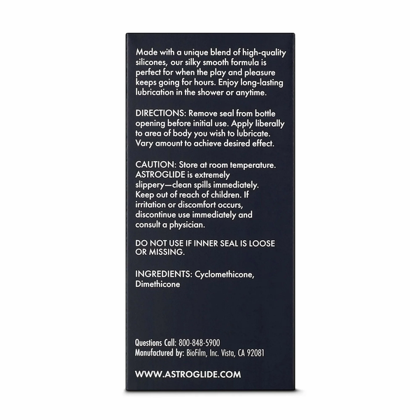 A close-up of the back of the Astroglide X box, detailing product benefits, directions, caution, and ingredients: Cyclomethicone, Dimethicone.