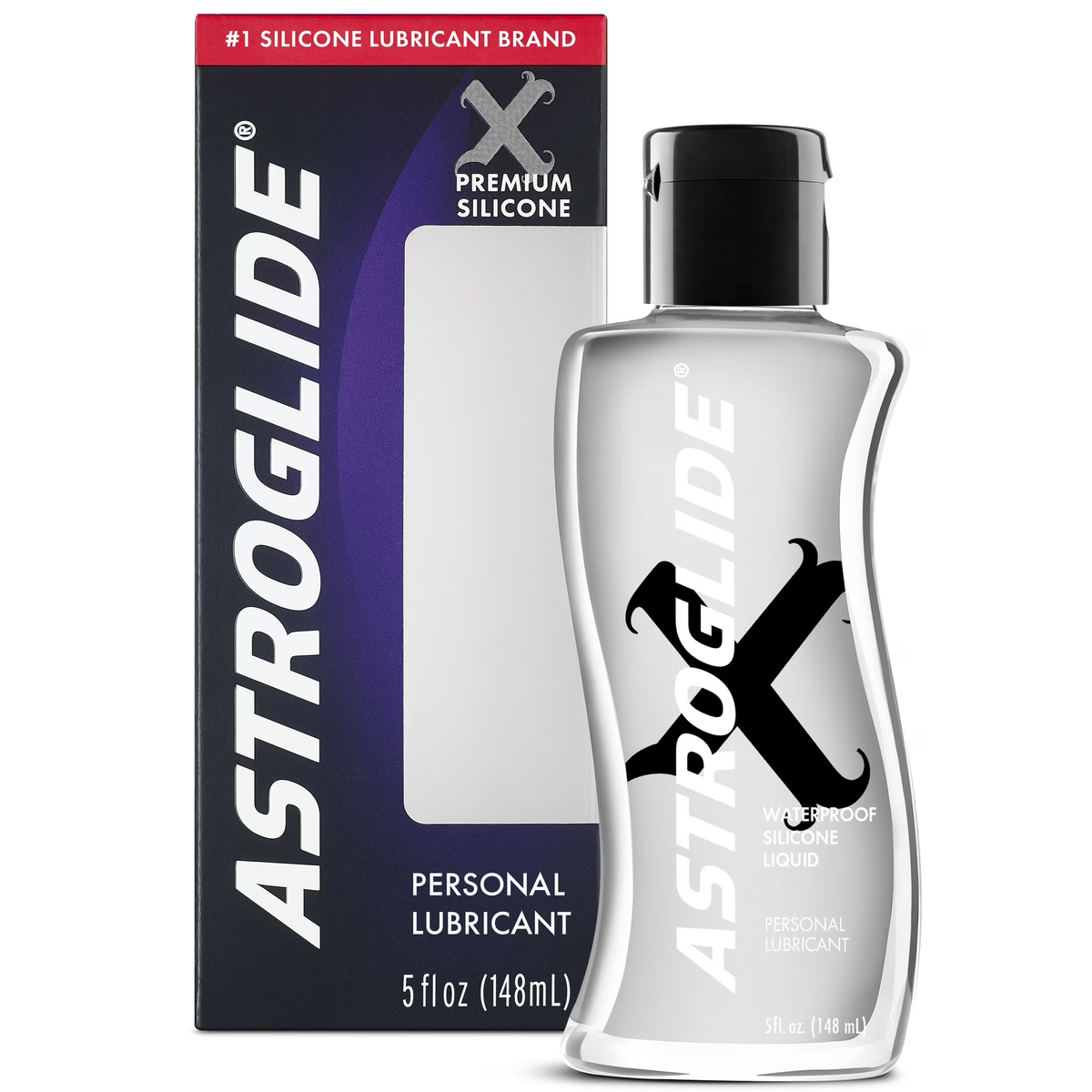 The Astroglide X Premium Silicone Liquid bottle shown next to its retail box packaging, 5 fl. oz. (148 mL).