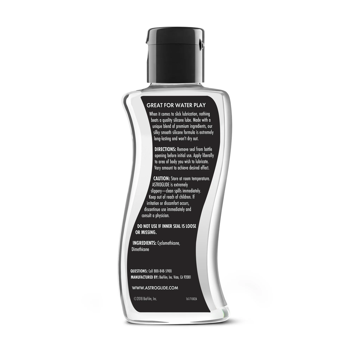 The back of the Astroglide X Premium Silicone Liquid bottle, listing benefits, directions, caution, and the ingredients: Cyclomethicone, Dimethicone.