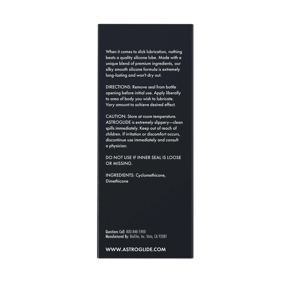 A close-up of the back of the Astroglide X Premium Silicone box, detailing product information and the ingredients: Cyclomethicone, Dimethicone.