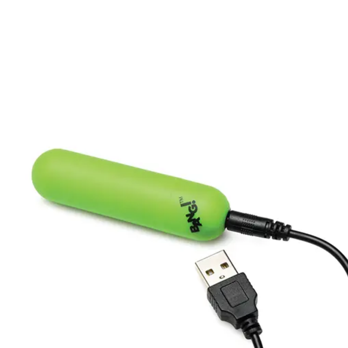 Close-up studio shot of the removable neon green vibrating bullet connected to its black pin-to-USB charging cable.