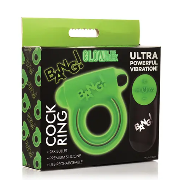 Retail box packaging view for the Bang! Glow in the Dark 28X Remote-Controlled Cock Ring, highlighting its 28X bullet, premium silicone material, and USB rechargeability alongside a picture of the remote control.
