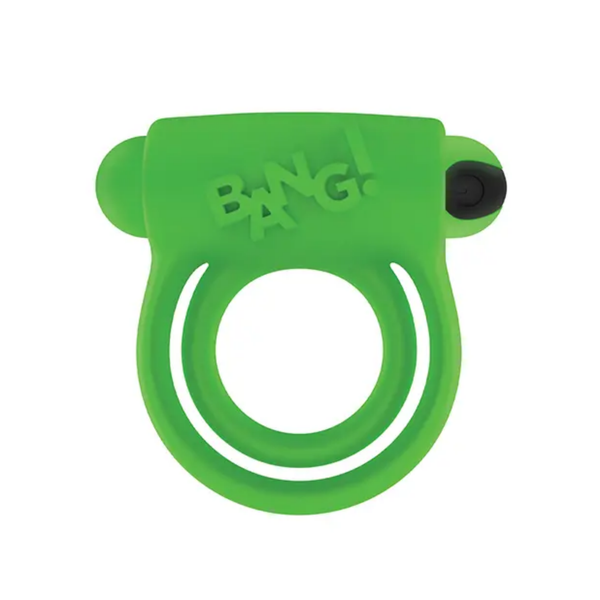 Front studio view of the neon green silicone c-ring with an integrated top pocket for a vibrating bullet and embossed "Bang!" logo.