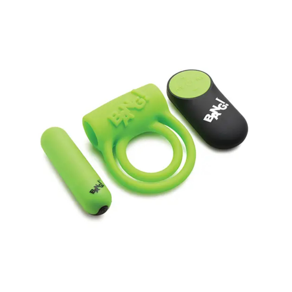 Component breakdown view showing the neon green silicone ring harness, removable green bullet vibe, and black-and-green wireless remote control.