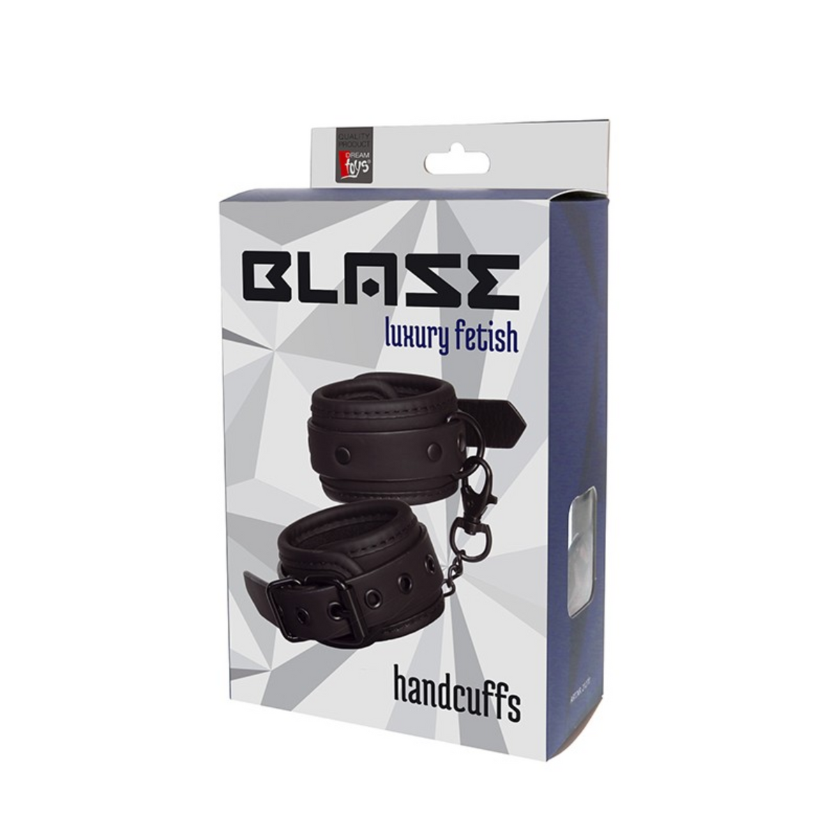 Black product packaging for Blaze Luxury Fetish Handcuffs, featuring an image of the cuffs. Imagen principal del producto