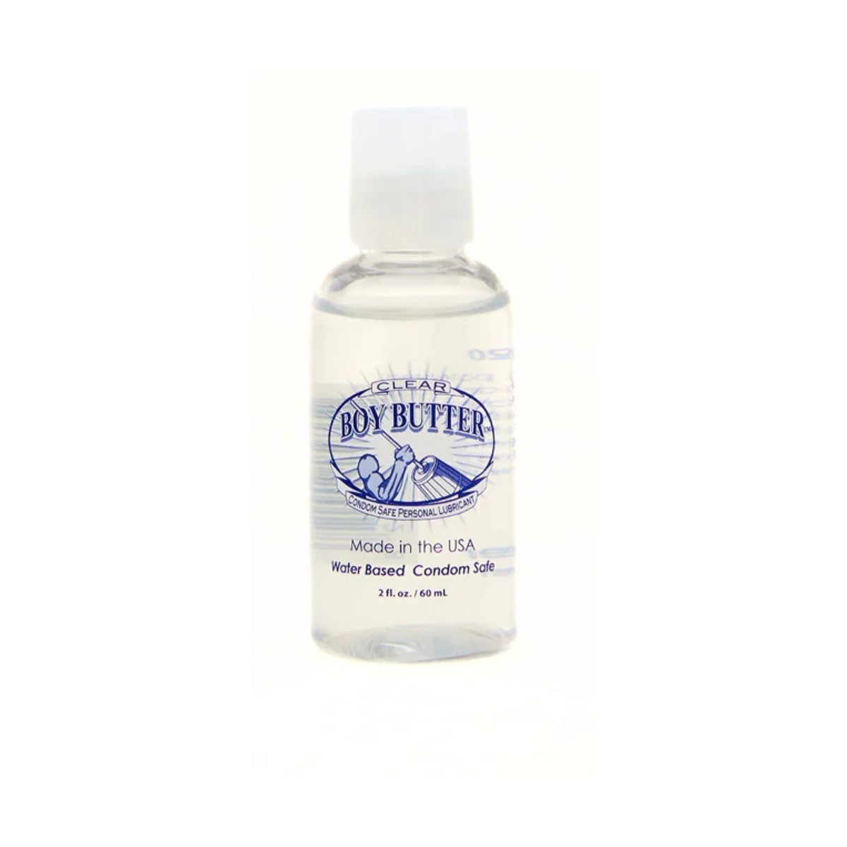 Front view of a clear, 2 fl. oz. (60 ml) bottle of Boy Butter CLEAR water-based personal lubricant, showing the blue and white logo and the text 'Condom Safe Personal Lubricant' and 'Made in the USA Water Based Condom Safe'.