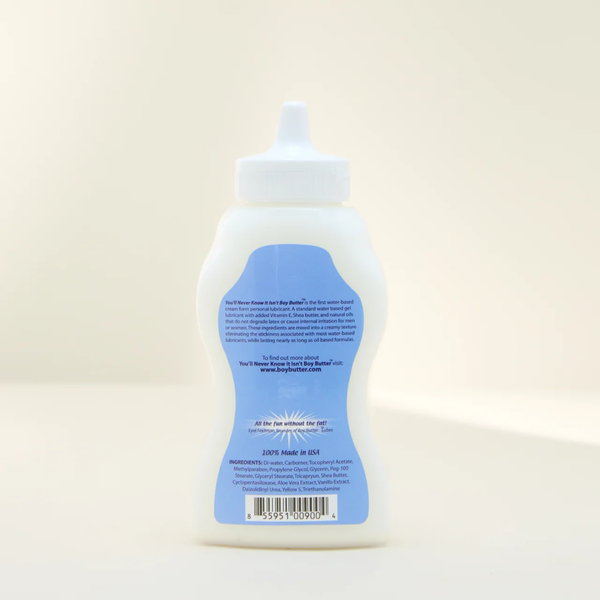 A shot of the back of the Boy Butter H2O Based Personal Lubricant squeeze bottle. The white, contoured bottle has a blue label stating it is the first water-based lubricant with added Vitamin E, Shea butter, and natural oils, and is 100% Made in USA. The ingredients list is visible at the bottom.