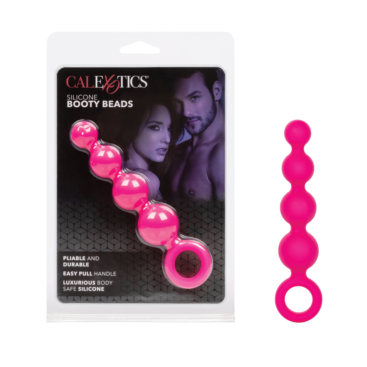 Retail display set showing the pink CalExotics Silicone Booty Beads standing upright next to their front-facing blister packaging. Main image
