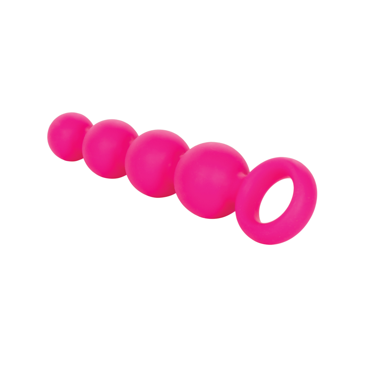 Reverse angled studio shot of the pink silicone anal beads, emphasizing the smooth satin finish and bottom retrieval loop.