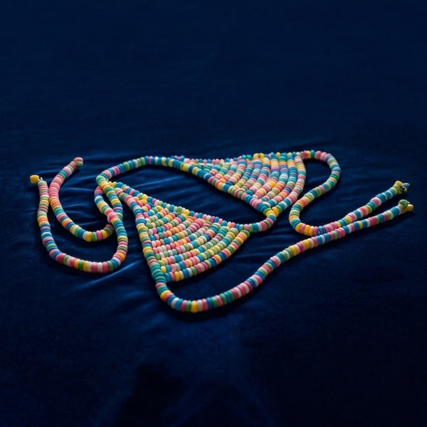 Studio product view of the candy bra top laid flat against a dark blue velvet surface, displaying its string-tie halter design.