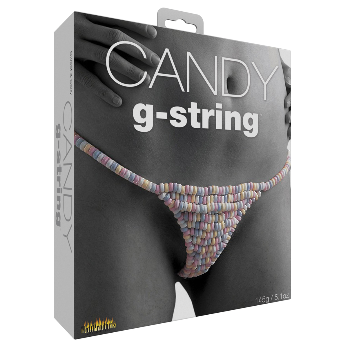 Front retail box view for the Hott Products Candy G-String (145g / 5.1 oz), showing a grayscale model wearing the candy underwear.