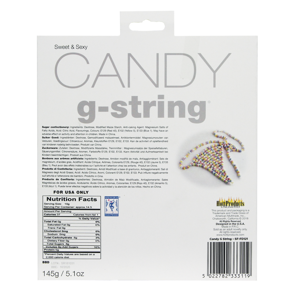Back packaging panel for the Hott Products Candy G-String (145g / 5.1 oz), featuring multi-language ingredients, nutrition facts, barcode, and product information.