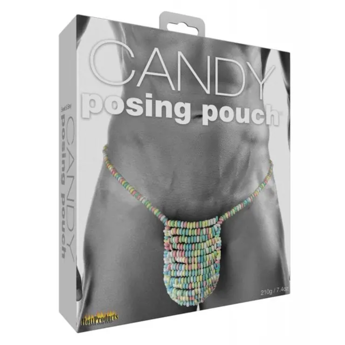 Retail box packaging view for the Hott Products Candy Posing Pouch (210g / 7.4 oz) featuring a grayscale image of a model wearing the candy pouch underwear.
