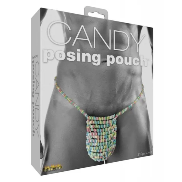 Retail box packaging view for the Hott Products Candy Posing Pouch (210g / 7.4 oz) featuring a grayscale image of a model wearing the candy pouch underwear.