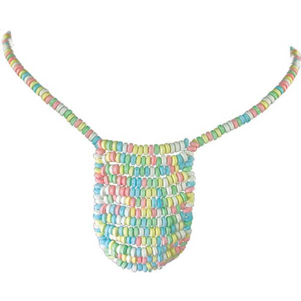 Isolated product view of a candy posing pouch string underwear constructed from stretched elastic bands strung with pastel-colored candy beads in pink, yellow, blue, and green.