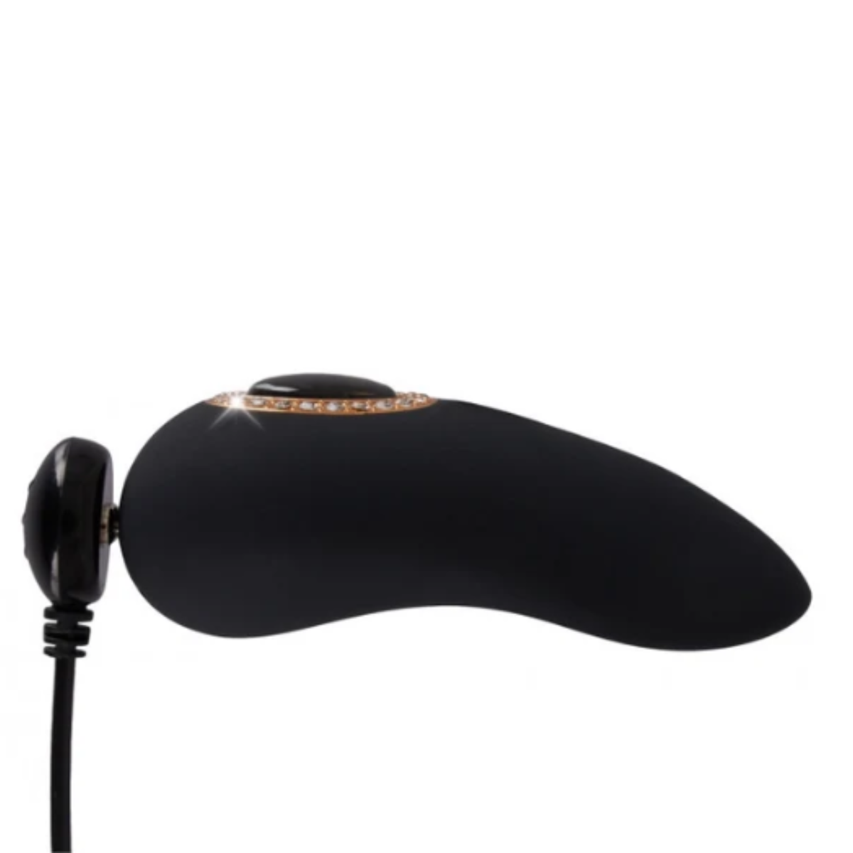 Side view of the ergonomic black Cleopatra clitoral vibrator connected to its magnetic USB charging cable on the left.