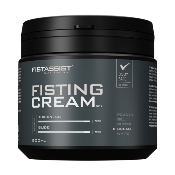 Front studio shot of the 500 ml FistAssist Fisting Cream No. 4 tub against a dark background, showcasing its oil-based formula label with equal 9/10 ratings for thickness and glide.