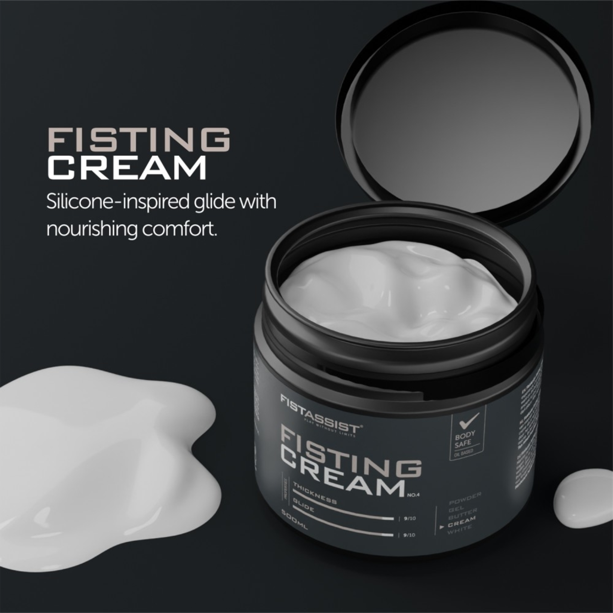 High-angle shot of an open 500 ml dark gray tub of FistAssist Fisting Cream No. 4 with the lid flipped open, displaying the smooth white cream inside next to product feature text and rating bars.