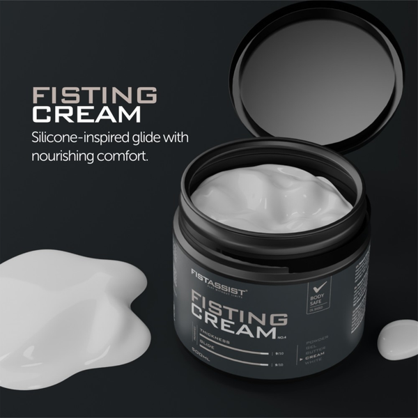 High-angle shot of an open 500 ml dark gray tub of FistAssist Fisting Cream No. 4 with the lid flipped open, displaying the smooth white cream inside next to product feature text and rating bars.