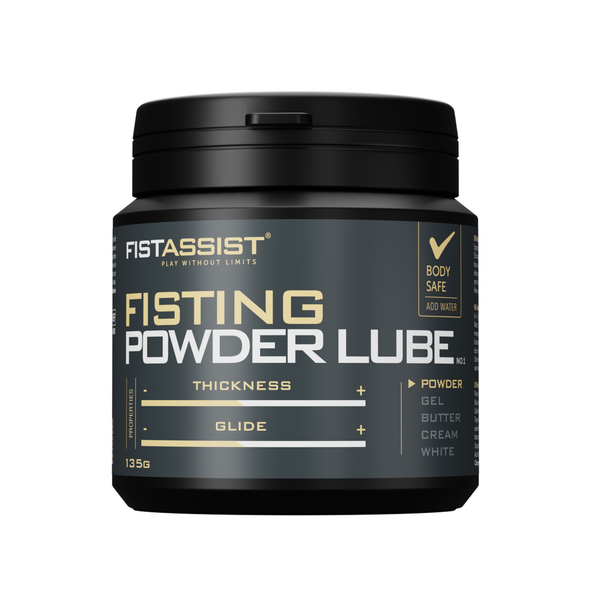Front studio product shot of the black 135 g FistAssist Fisting Powder Lube tub featuring gold and white typography with thickness and glide rating scales.