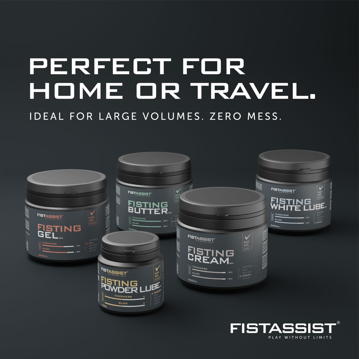 Product lineup graphic displaying the 135 g FistAssist Powder Lube jar alongside other products in the range, including Fisting Gel, Fisting Butter, Fisting Cream, and Fisting White Lube under text reading "PERFECT FOR HOME OR TRAVEL."