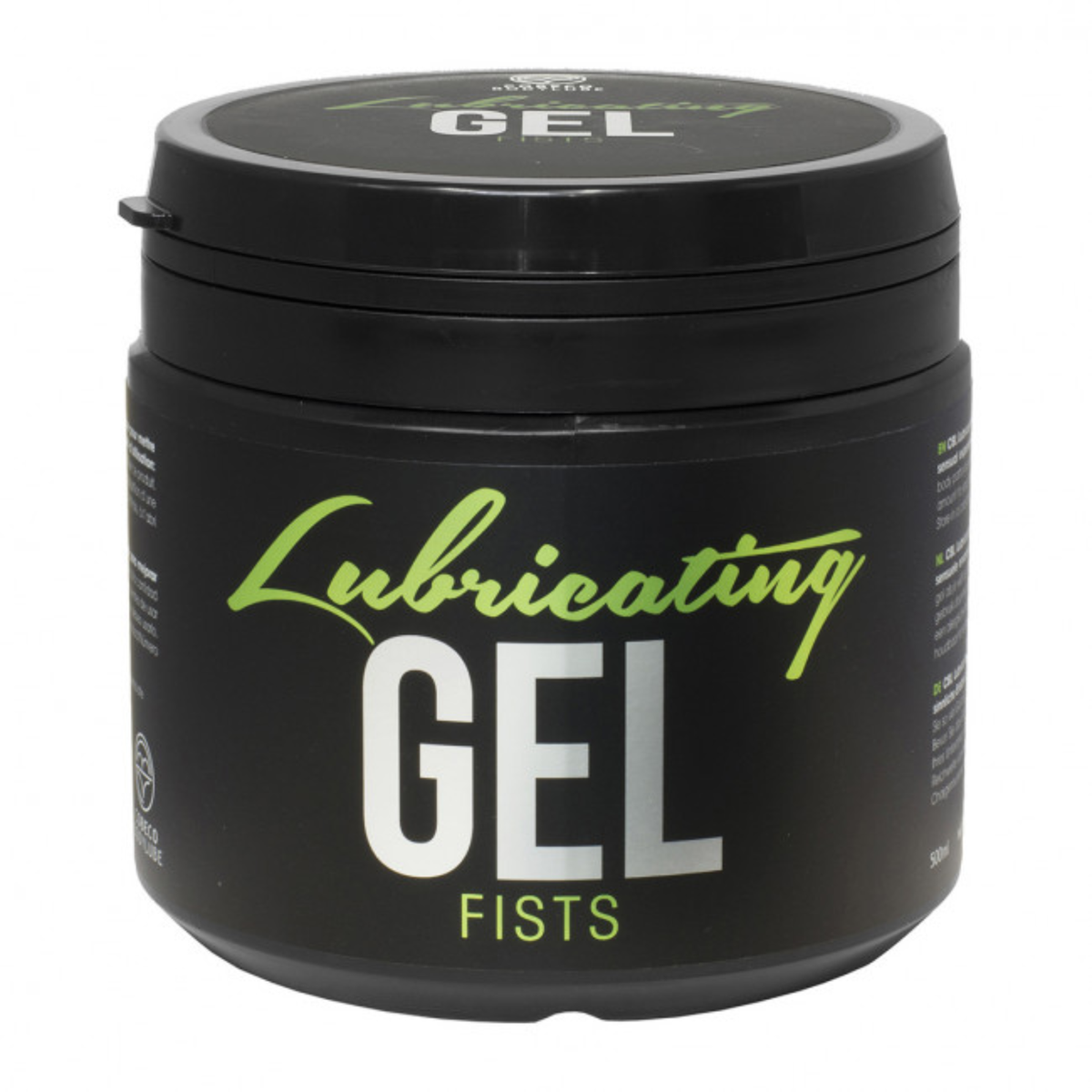 Studio product shot of a black 500 ml / 17 fl oz tub of Cobeco Lubricating Gel Fists against a white background, featuring green script lettering for "Lubricating" above bold white text for "GEL" and green text for "FISTS". Main image