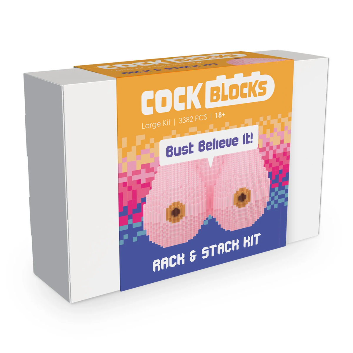 Front packaging box view of the Cock Blocks Rack & Stack Kit, featuring colorful pixel art graphics and the slogan "Bust Believe It!" Imagen principal del producto
