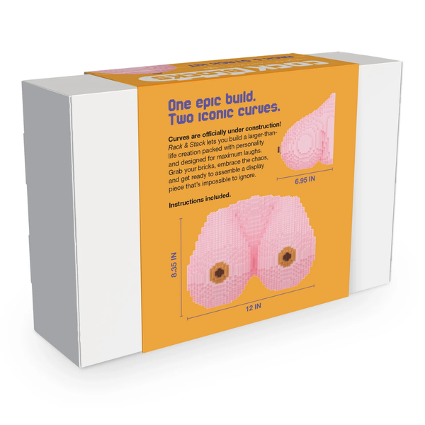 Back packaging view detailing product features ("One epic build. Two iconic curves.") alongside diagrams showing assembled model dimensions (8.35" height, 12" width, 6.95" depth) and 3382-piece kit information.