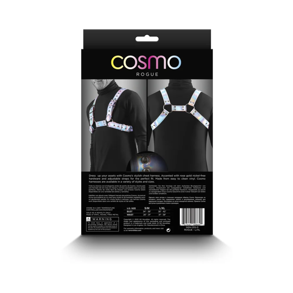 Rear packaging view of the Cosmo Rogue harness retail box, showcasing front and back mannequin shots, product description, care instructions, and a sizing chart.