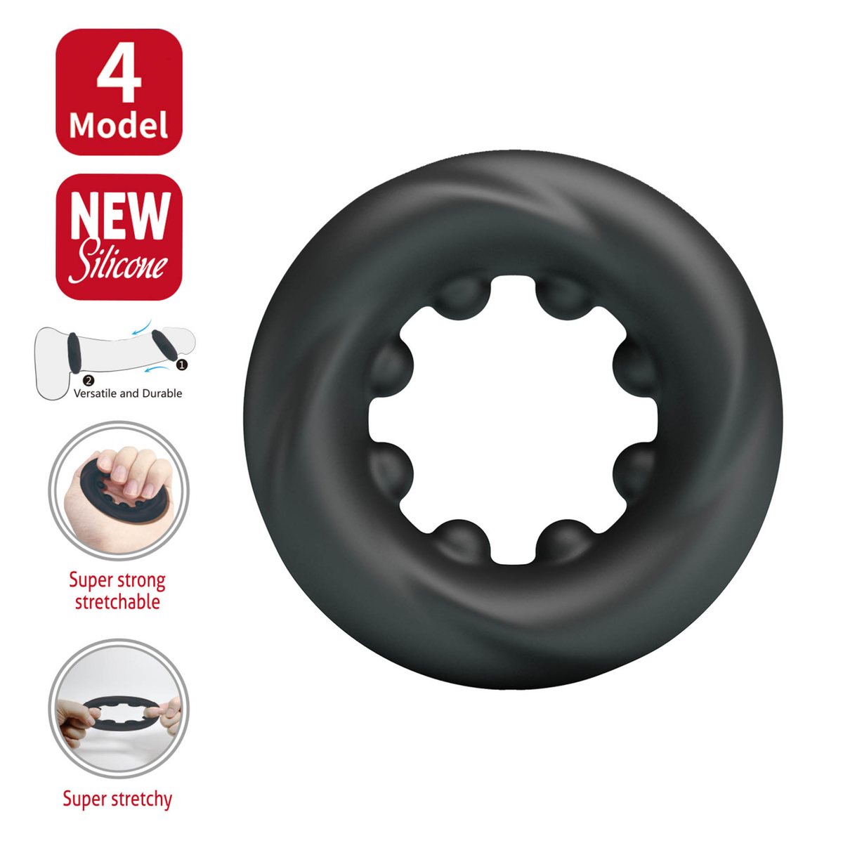 Product feature infographic showing a thick black silicone cock ring with inner sensory nubs alongside demonstration icons highlighting its stretchiness and versatility.