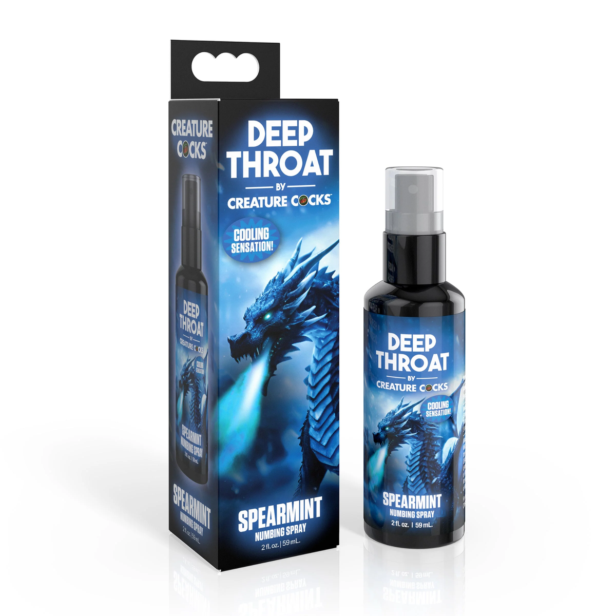 Studio product shot featuring the 2 fl oz (59 ml) black spray bottle of Spearmint Numbing Spray next to its retail box, both decorated with blue ice-dragon artwork and a "Cooling Sensation!" badge. Main image