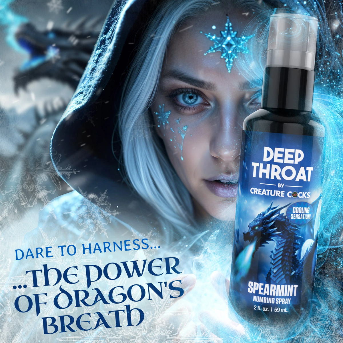Marketing banner titled "Dare to harness... the power of dragon's breath" featuring a woman with a blue snowflake face emblem behind the 2 fl oz spray bottle.