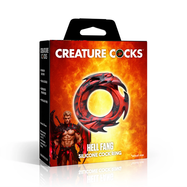 Perspective packaging view of the red and black Hell Fang Silicone Cock Ring retail box against a fiery background, featuring a fantasy warrior character graphic and product specifications listed on the side panel.