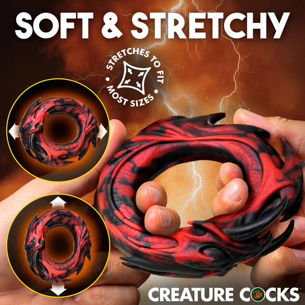 Feature graphic titled "Soft & Stretchy" showing hands stretching the flexible red and black silicone cock ring, accompanied by directional arrow diagrams and a "Stretches to fit most sizes" badge.