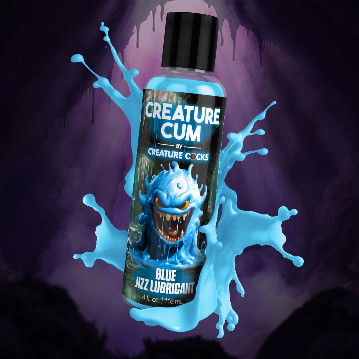 Action product graphic displaying the 4 fl oz bottle surrounded by a splash of opaque blue liquid against a dark cave backdrop.