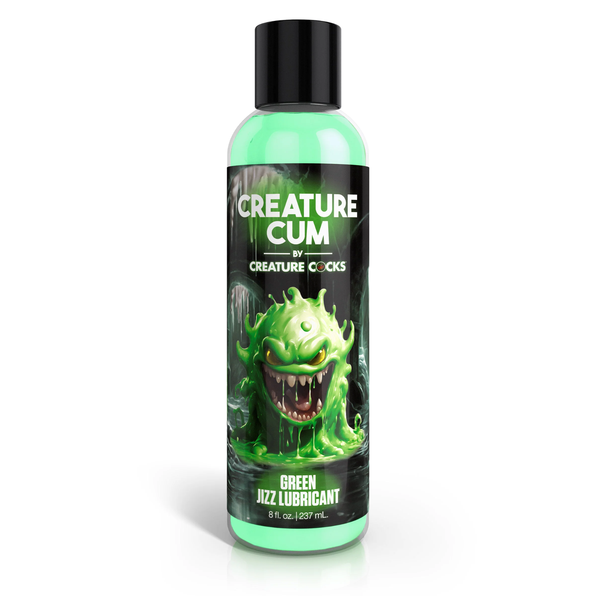 Front studio view of the 8 fl oz (237 ml) clear squeeze bottle of Creature Cum Green Water-Based Jizz Lubricant, featuring a green slime monster illustration and a black cap.