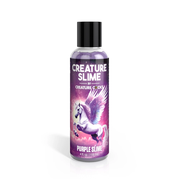 Front studio view of the 4 fl oz (118 ml) clear squeeze bottle of Creature Slime Purple Slime Water-Based Lubricant, featuring a winged white pegasus illustration on a celestial purple label.