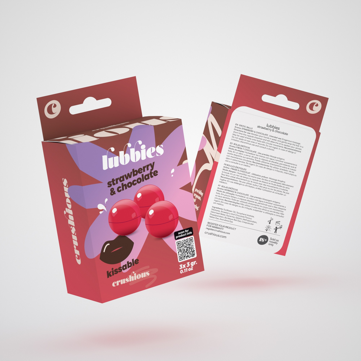 Product packaging shot showing the front and back of the pink and brown Crushious Lubbies Strawberry & Chocolate Oil Balls box containing three 3 g bath/massage spheres, featuring multi-language instructions and ingredient information on the reverse side.