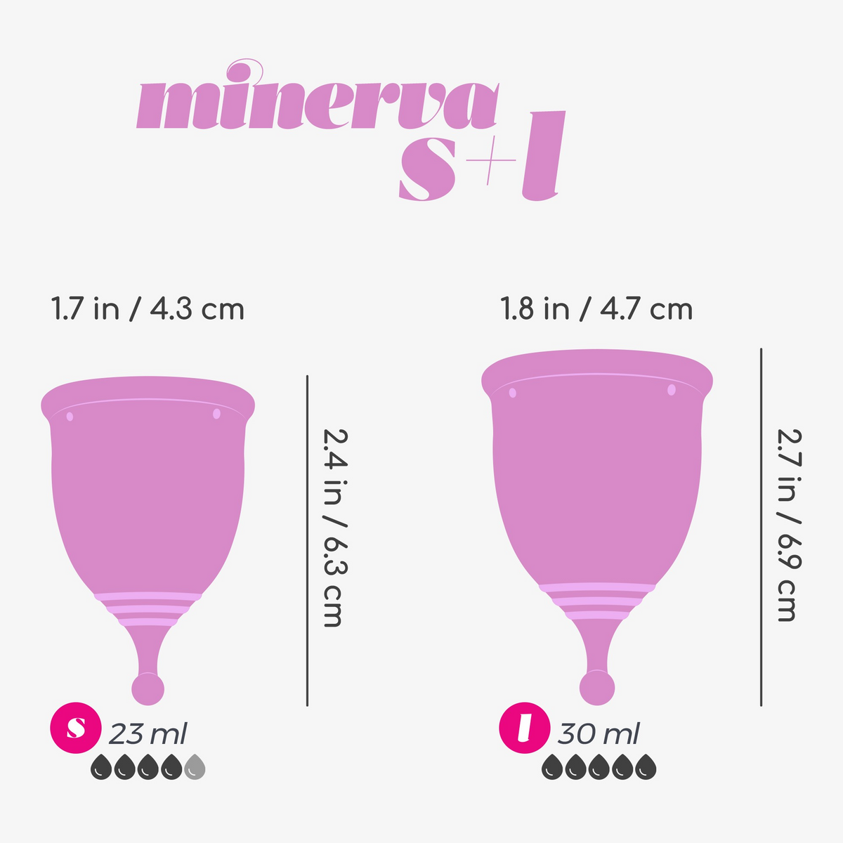 Graphic showing the dimensions of the pink Minerva S (23ml) and L (30ml) menstrual cups, including height and diameter in inches and centimeters.