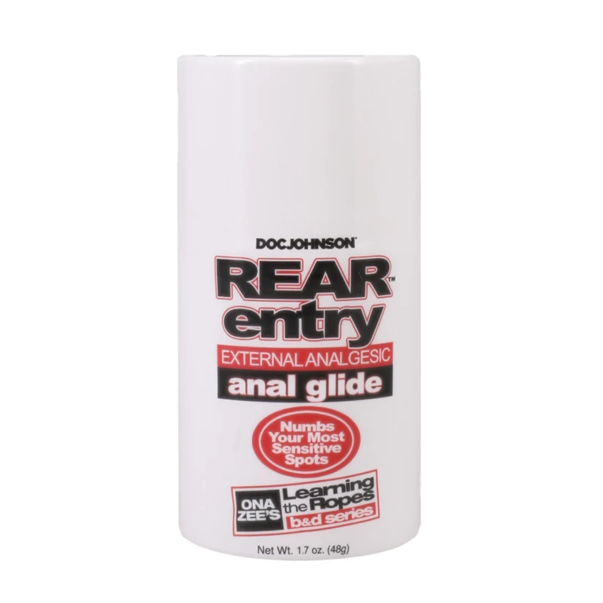 Front studio shot of a 1.7 oz (48g) white squeeze bottle of Doc Johnson Rear Entry External Analgesic Anal Glide featuring red and black text detailing "Numbs Your Most Sensitive Spots" and Ona Zee's Learning the Ropes B&D Series branding. Main image