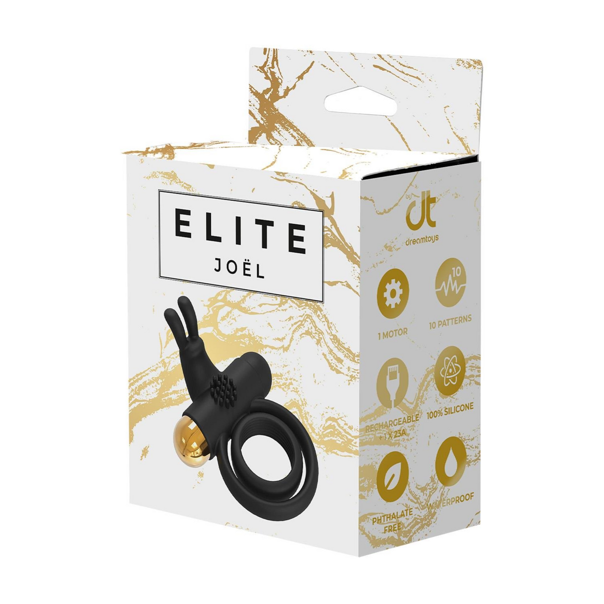 Product packaging for the Elite Joel vibrating ring, featuring a black and gold design and product specs. Main image